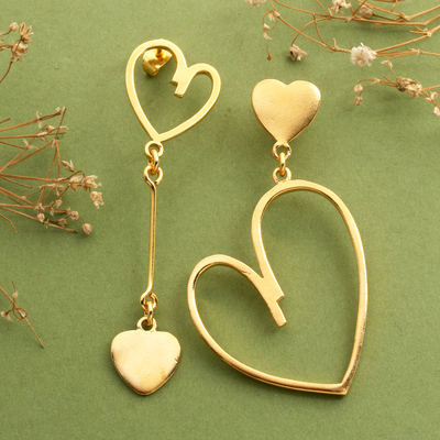 Gold-plated dangle earrings, 'Golden Heartbeat' - Polished 18k Gold-Plated Heart-Themed Dangle Earrings