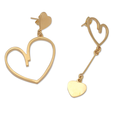 Gold-plated dangle earrings, 'Golden Heartbeat' - Polished 18k Gold-Plated Heart-Themed Dangle Earrings
