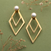 Pendientes colgantes de perlas cultivadas bañadas en oro - Pendientes colgantes geométricos de perlas blancas y plata con baño de oro de 18k