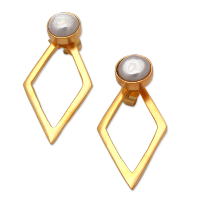 Gold-plated cultured pearl drop earrings, 'Pearly Kite' - Polished Minimalist 18k Gold-Plated Pearl Drop Earrings