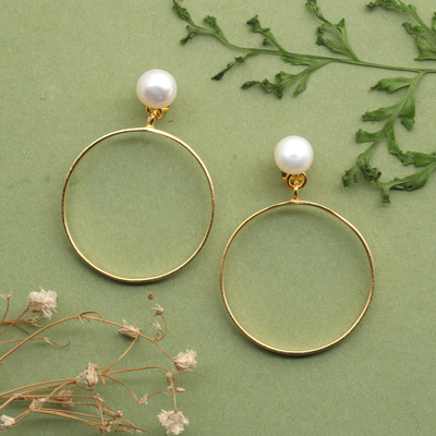 Gold-plated cultured pearl dangle earrings, 'Cycles of Bali' - 18k Gold-Plated Round Cultured Pearl Dangle Earrings