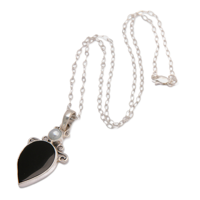 Onyx and cultured pearl pendant necklace, 'Night and Day' - 925 Silver Onyx & Cultured Pearl Pendant Necklace from Bali
