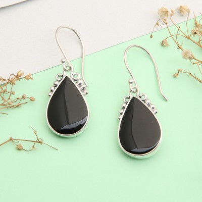 Onyx dangle earrings, 'Snowy Night' - Sterling Silver Onyx Dangle Earrings with Dot Accents