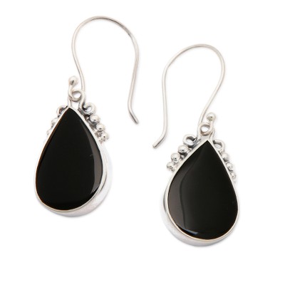 Onyx dangle earrings, 'Snowy Night' - Sterling Silver Onyx Dangle Earrings with Dot Accents