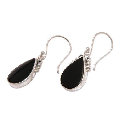 Onyx dangle earrings, 'Snowy Night' - Sterling Silver Onyx Dangle Earrings with Dot Accents
