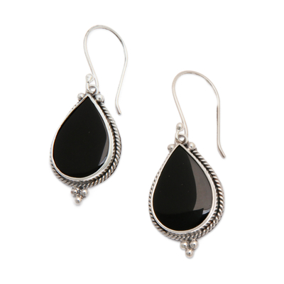 Onyx dangle earrings, 'Tropical Night' - Sterling Silver Onyx Dangle Earrings with Torsade Accents