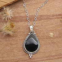 Onyx pendant necklace, 'Tropical Night' - Sterling Silver Onyx Pendant Necklace with Torsade Accents