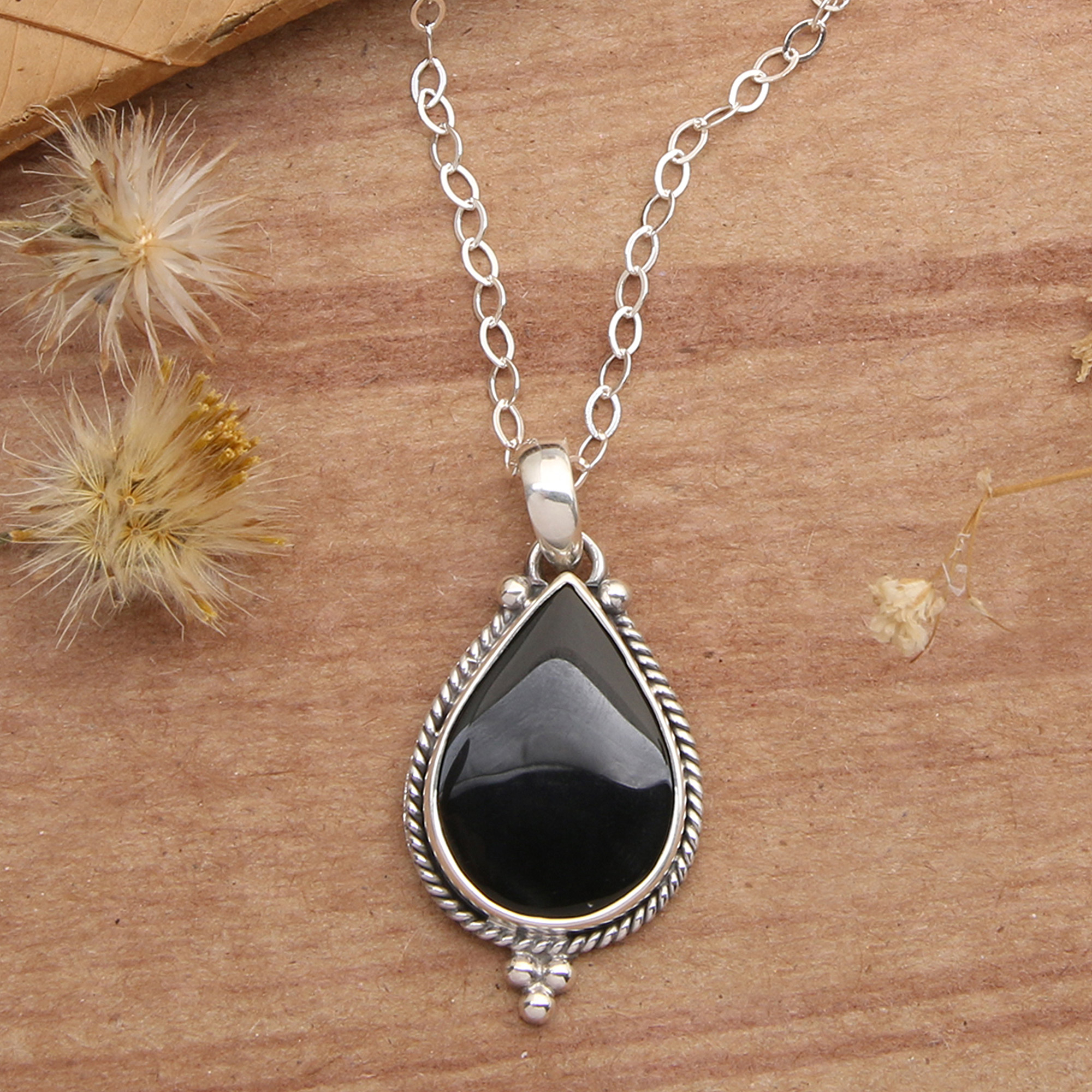 Sterling Silver Onyx Pendant Necklace with Torsade Accents, 'Tropical Night'