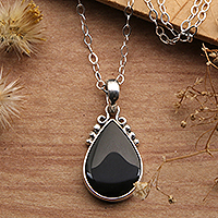 Onyx pendant necklace, 'Snowy Night' - Sterling Silver Onyx Pendant Necklace with Dot Accents