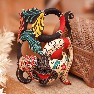 Máscara de madera batik - Máscara de madera Batik Pule hecha a mano con temática natural de Java
