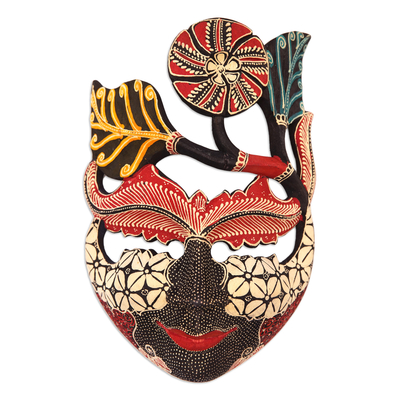Batik-Holzmaske - Handgefertigte Hibiskus-Themen-Batik-Maske aus Pule-Holz aus Java