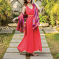 Vestido largo de rayón, 'Summer Breeze in Poppy' - Vestido de verano de rayón bordado a mano en rojo amapola de Bali