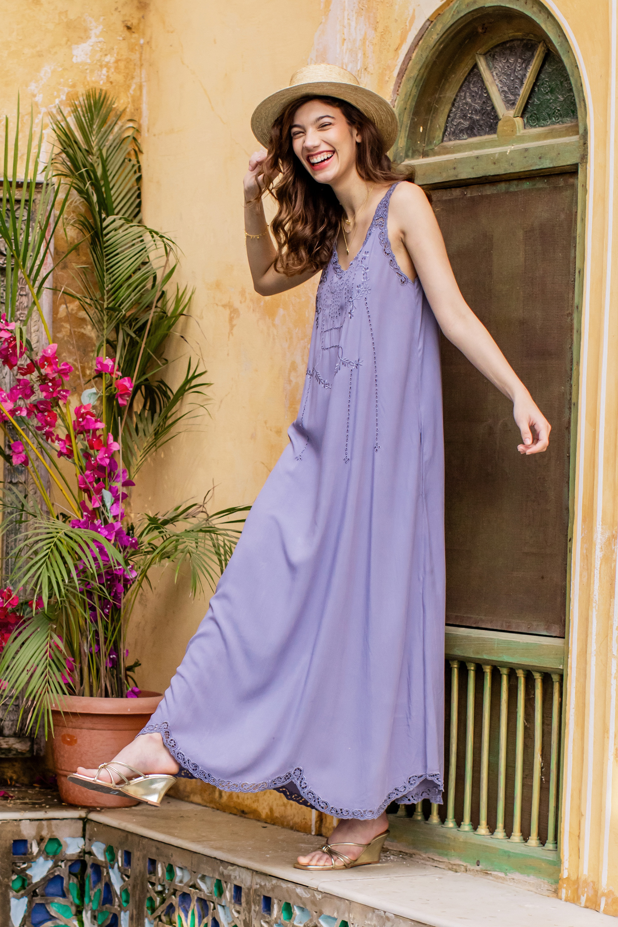 Hand-Embroidered Rayon Sundress in Grey Blue from Bali - Summer Breeze ...