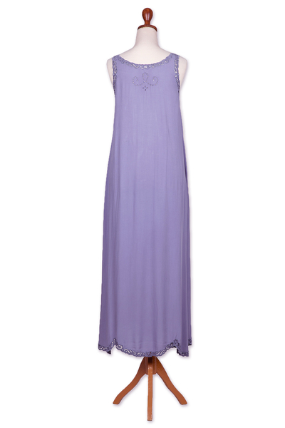 Rayon maxi sundress, 'Summer Breeze in Periwinkle Grey' - Hand-Embroidered Rayon Sundress in Grey Blue from Bali