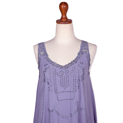 Rayon maxi sundress, 'Summer Breeze in Periwinkle Grey' - Hand-Embroidered Rayon Sundress in Grey Blue from Bali