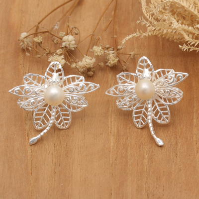 Cultured pearl button earrings, 'Celestial Dragonfly' - Leafy and Dragonfly-Themed Cultured Pearl Button Earrings