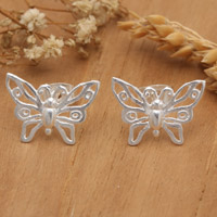 Pendientes de botón de plata de primera ley, 'Butterfly Grace' - Pendientes de botón de plata de ley con forma de mariposa mate