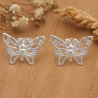 Sterling silver button earrings, 'Butterfly Grace' - Matte Butterfly-Shaped Sterling Silver Button Earrings