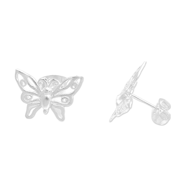 Sterling silver button earrings, 'Butterfly Grace' - Matte Butterfly-Shaped Sterling Silver Button Earrings