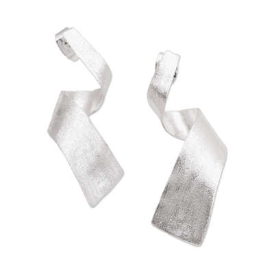 Sterling silver drop earrings, 'Avant-Garde Present' - Brushed-Satin Modern Sterling Silver Statement Drop Earrings