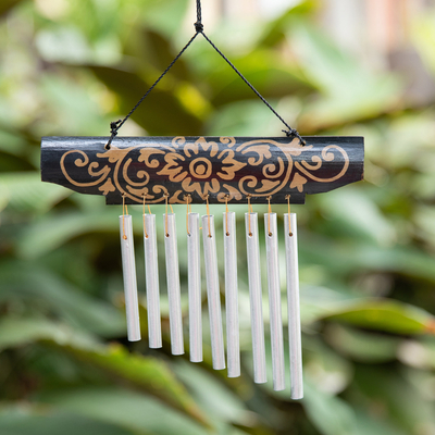 Bamboo windchime, 'Bali Harmony' - Classic Floral Bamboo and Aluminum Windchime from Bali