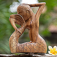 Wood sculpture, 'Meditation Mermaid' - Hand-Carved Signed Wood Yoga Meditation Mermaid Sculpture