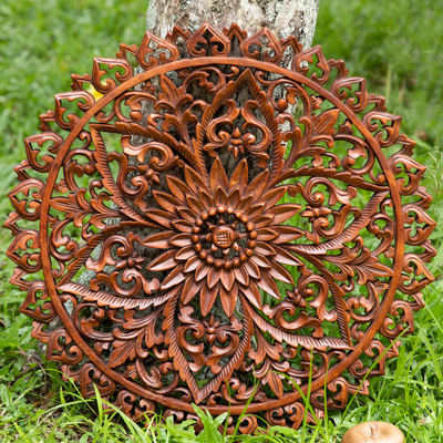 Wood relief panel, 'Sanur Spring' - Classic Floral Hand-Carved Suar Wood Relief Panel from Bali