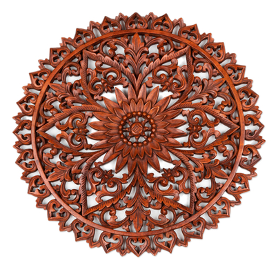 Wood relief panel, 'Sanur Spring' - Classic Floral Hand-Carved Suar Wood Relief Panel from Bali