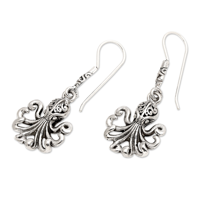 Sterling silver dangle earrings, 'Octopus Glory' - Octopus-Themed Sterling Silver Dangle Earrings from Bali