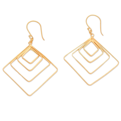 Gold-plated dangle earrings, 'Victorious Orbits' - Diamond-Shaped 18k Gold-Plated Brass Dangle Earrings