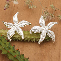 Sterling silver button earrings, 'Starfish Heaven' - Textured Starfish-Shaped Sterling Silver Button Earrings