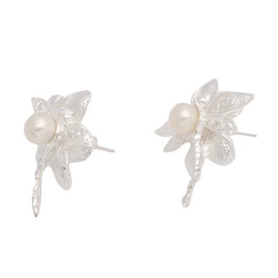 Cultured pearl button earrings, 'Joyous Dragonfly' - Floral and Dragonfly-Themed Yellow Pearl Button Earrings
