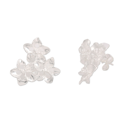 Sterling silver button earrings, 'Enchanted Bouquet' - Matte Finished Floral Sterling Silver Button Earrings