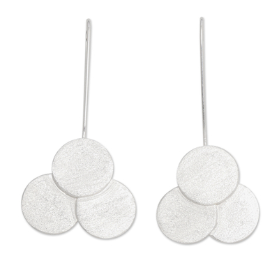 Sterling silver drop earrings, 'Triple Moon' - Brushed-Satin Finished Modern Sterling Silver Drop Earrings