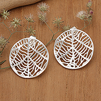 Sterling silver button earrings, 'Leafy Veins' - Matte Leafy Round Sterling Silver Button Earrings from Bali
