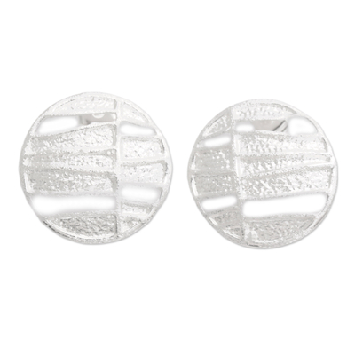 Sterling silver button earrings, 'Magical Circles' - Modern Textured Circular Sterling Silver Button Earrings