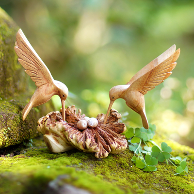 Wood sculpture, 'Hummingbird Love' - Handmade Wood Hummingbird Sculpture with Mushroom-Like Base