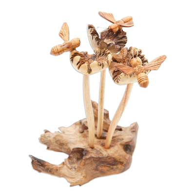 Wood sculpture, 'Busy Bees' - Handcrafted Wood Bee Sculpture with Mushroom-Like Base
