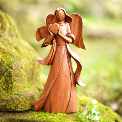 Wood sculpture, 'Sending Love' - Angel-Themed Romantic Suar Wood Sculpture from Bali