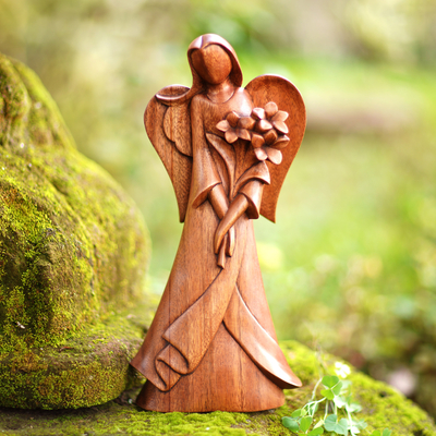 Wood sculpture, 'Valentine Flowers' - Angel-Themed Floral Suar Wood Sculpture from Bali