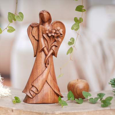 Wood sculpture, 'Valentine Flowers' - Angel-Themed Floral Suar Wood Sculpture from Bali