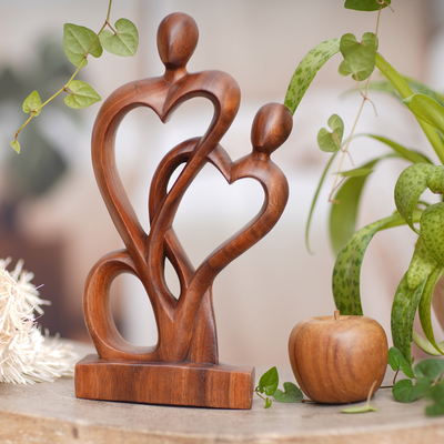 Wood sculpture, 'Sweetheart Couple' - Semi-Abstract Heart-Shaped Suar Wood Sculpture from Bali