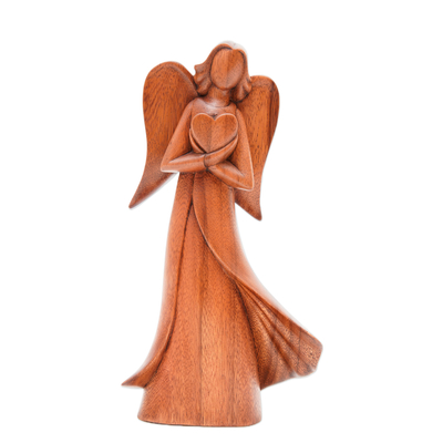 Escultura de madera - Escultura de madera de Suar con temática de ángel y corazón de Bali