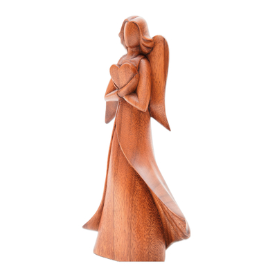 Escultura de madera - Escultura de madera de Suar con temática de ángel y corazón de Bali