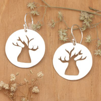 Sterling silver dangle earrings, 'Holy Tree' - Polished Round Tree-Themed Sterling Silver Dangle Earrings