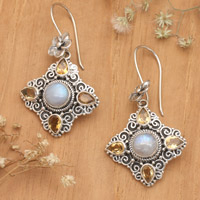 Rainbow moonstone and citrine dangle earrings, 'Joyous Girl' - Traditional Rainbow Moonstone and Citrine Dangle Earrings