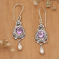 Amethyst and cultured pearl dangle earrings, 'Sublime Purple'