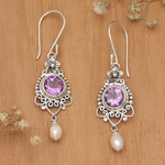 Amethyst and cultured pearl dangle earrings, 'Sublime Purple' - Silver Dangle Earrings with Amethyst Stone & Cultured Pearl