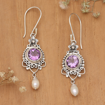Amethyst and cultured pearl dangle earrings, 'Sublime Purple' - Silver Dangle Earrings with Amethyst Stone & Cultured Pearl