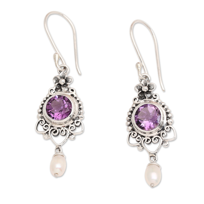 Amethyst and cultured pearl dangle earrings, 'Sublime Purple' - Silver Dangle Earrings with Amethyst Stone & Cultured Pearl